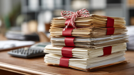 Fototapeta premium Wrapped Documents: A neat stack of office papers tied with a festive ribbon on a desk, symbolizing an organizational achievement or special gift, the focus on detail and functionality.