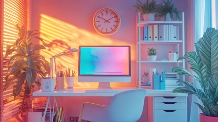 Sunset-lit home office desk, plants, screen