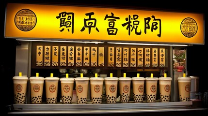 Rows of boba tea drinks lined up beneath a menu sign on an illuminated stand with golden, asian lettering design