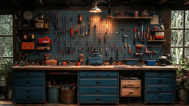 Well-organized workshop with tools on pegboard and workbench.