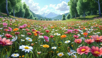 Obraz premium Wildflowers carpeting mountain meadow, creating vibrant landscape with snow peaked summits and verdant forest backdrop, showcasing pristine wilderness harmony