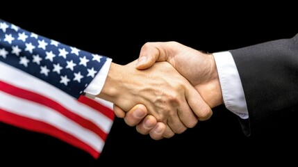 Close-Up Image of a Handshake with American Flag Symbolizing Unity and Cooperation in Business or Politics