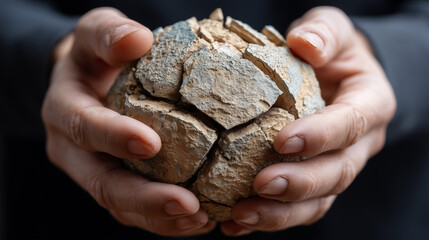 Hand-Held Stone: a pair of hands cradling a cracked stone, revealing its fractured surface, a tactile exploration of texture and geological wonders