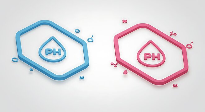 A balanced pH level, represented by a water droplet within a hexagon, signifying purity and health, in a clean and modern design with bold isometric shapes.