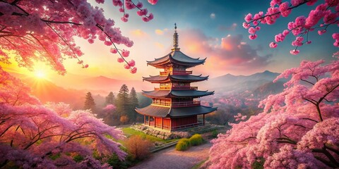 Enchanting Sakura Blossoms Embrace an Ancient Pagoda A Generative AI Masterpiece of Springtime Beauty