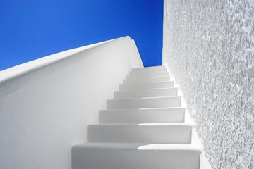 Minimalist White Plaster Staircase Leading Upwards Against Vibrant Blue Sky