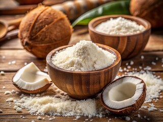 Fototapeta premium High-Quality Stock Photo: Coconut Flour, Oil & Pieces - Baking Ingredients