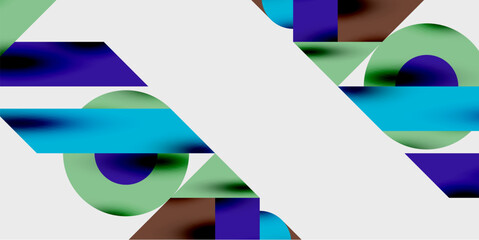 Abstract geometric composition. Overlapping shapes create dynamic visual interplay. Colors include blue, green, purple, brown, white. Modern design, clean lines, gradients present.