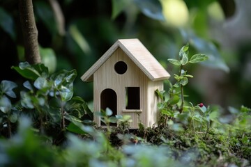 Small wooden house miniature in natural green environment