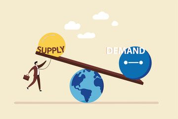 Demand vs supply balance, world economic supply chain problem, market pricing model for goods and service, cost or retail concept, businessman holding seesaw balance of demand and supply on the globe.