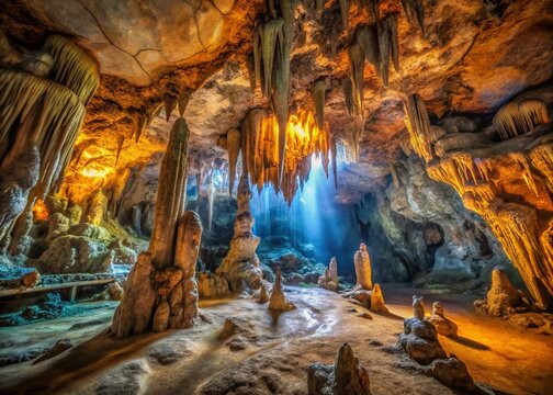 Majestic Tham Lod Cave Interior A Stunning Display of Stalactites and Stalagmites in Southern Thailand