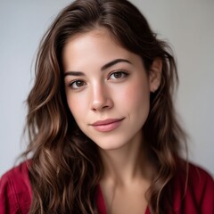 Fototapeta premium A woman with long brown hair and a red shirt