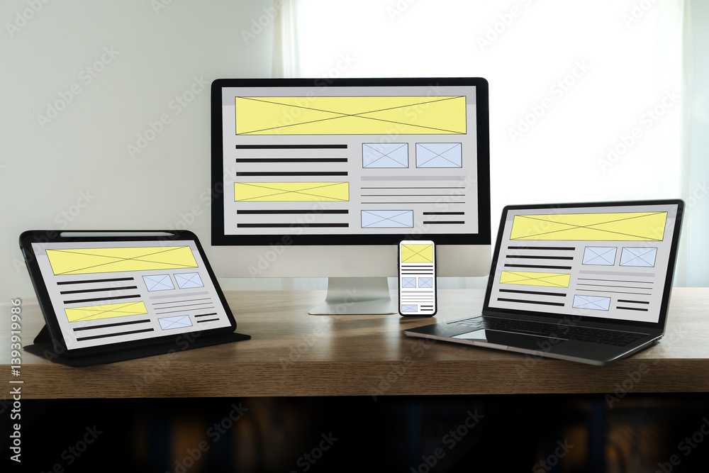 Poster website internet homepage ux developer and designing a responsive website interface on a laptop at t