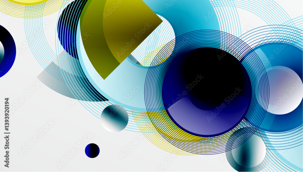 Poster Abstract composition featuring overlapping circles, arcs, spheres. Vibrant blue, yellow, gray tones create dynamic visual experience. Modern design elements suggest movement, depth.