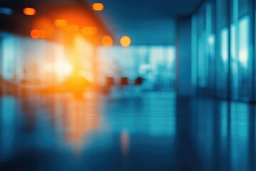 Naklejka premium Abstract blurred image of a modern office interior with warm lighting and cool blue tones, reflecting on a shiny surface.