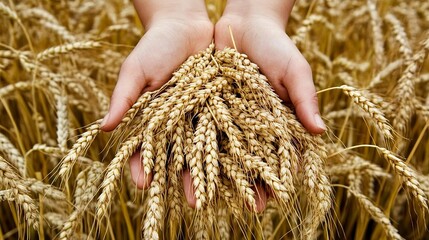 Golden Wheat Harvest Hands Holding Ripe Wheat Spikes Agriculture Field Rural Scene Summer Golden Wheat Field Abundant Crop Farming Wheat Grains Nature