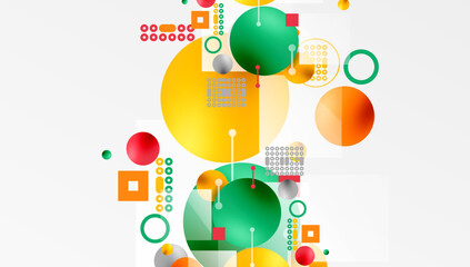 Abstract geometric shapes overlap, creating vibrant composition. Circles, squares, rectangles combine with dots, lines on white background. Modern design elements present playful aesthetic.