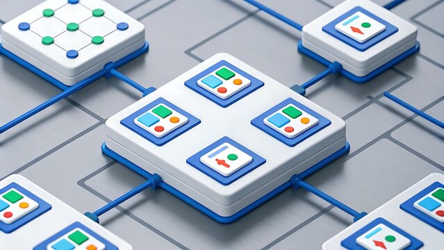 innovation technology CRM platform integration, Digital interface with interconnected modules displaying various icons and connections.