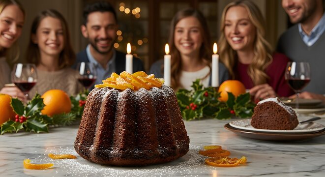 Chocolate rocambole served at holiday dinner table amidst family gathering and festive decor under warm lighting.