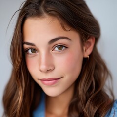 Fototapeta premium A young woman with long brown hair and a blue shirt