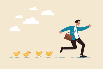 Leadership to lead team to success direction, employees follow manager guidance, domination or motivate staffs concept, confidence businessman leader pointing direction with following duckling.