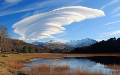 Spectacular Lenticular Cloud Formation Hovering Over a Mountain Lake and Grassy Field
