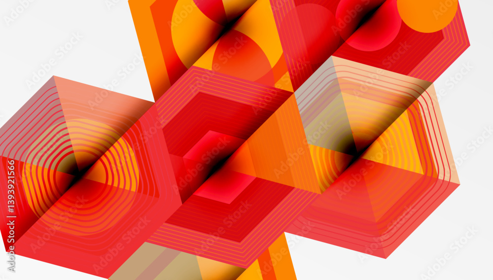 Poster abstract geometric composition. orange, red hues create layered shapes. lines suggest depth, movemen