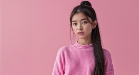 Fototapeta premium Caucasian teen girl on pink plain bright background modern chic fashion pose model portrait portrait banner with copy space ad concept marketing