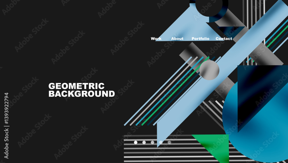 Aufkleber Abstract geometric design features overlapping shapes, lines, gradients. Dark background contrasts with bright blue, green elements. Navigation menu present at top. Modern, dynamic visual composition.