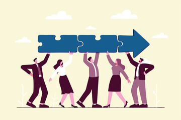 Naklejka premium Team collaboration for success, teamwork or cooperation, employee participation or organization, partnership work together, career growth concept, business people employee connect arrow jigsaw puzzle.