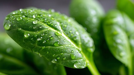 A close up of a green leaf with water droplets on it