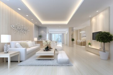 Fototapeta premium A realistic minimalist living area with clean white sofa, wooden flooring, and no clutter