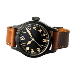 Classic Black Field Watch with Cream Numerals and Brown Leather Straps Isolated on Transparent Background