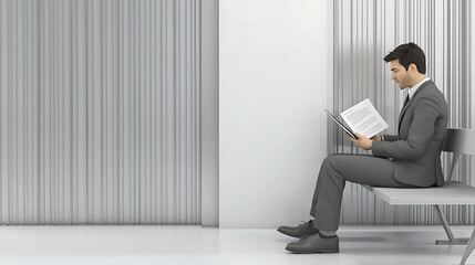 A man in a suit is sitting on a bench reading a book