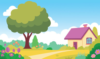 Fototapeta premium Beautiful Home House Building with Colorful Flowers Floral Garden Park Yard Landscape in Summer