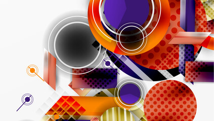 Abstract composition featuring overlapping circles, rectangles, lines. Vibrant orange, purple, black hues dominate design. Polka dots, gradients add visual interest. Modern, dynamic aesthetic.