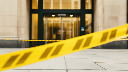 Yellow caution tape in front of building entrance, suggesting restricted access
