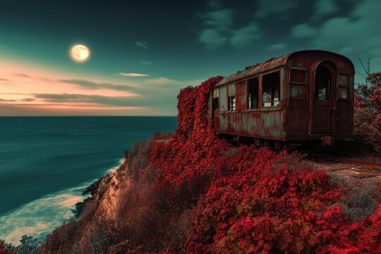 Rusty train wreck on a cliff overlooking the ocean under a full moon, autumn foliage. - Powered by Adobe