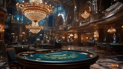 Obraz premium Opulent casino interior featuring poker tables slot machines and magnificent chandeliers casting a warm glow on the lavish surroundings
