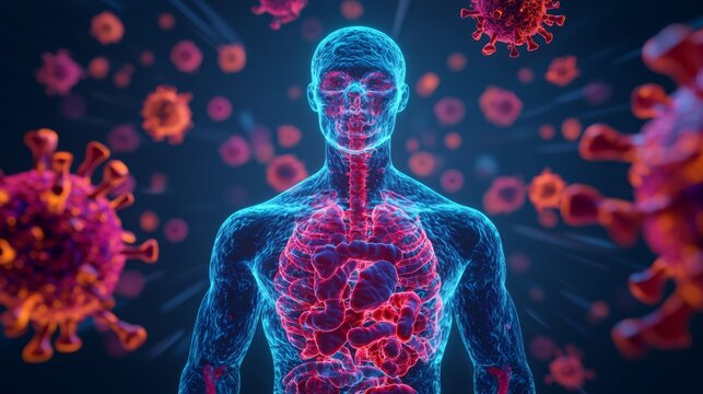 Health, immunity and innovation concept. Human figure surrounded by virus cells in a digital visualization. - Powered by Adobe