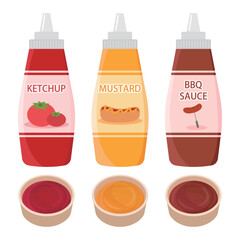 Vector illustration of ketchup, mustard and barbecue sauce condiments. Condiments can be added to meals to make them delicious.