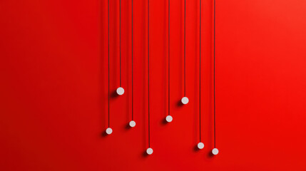 Minimalist design with white circles hanging on red background, creating modern and abstract aesthetic