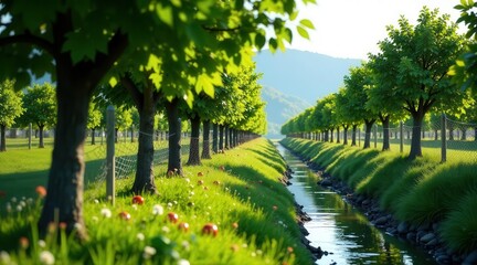 Obraz premium Serene Canal Pathway Lined with Lush Green Trees and Blossoming Wildflowers