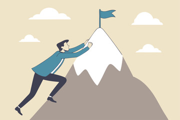 Effort or perseverance to reach goal or achievement success, mission or business growth, ambition to progress to target, tough or struggle concept, businessman climb up mountain to reach target.