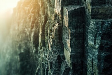 A close-up view of dark, textured rock formations, possibly a cliff face, lit by sunlight.