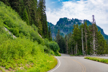 North Cascades nation park. Road leads to Diablo lake with mountain landscape. Landscape of...