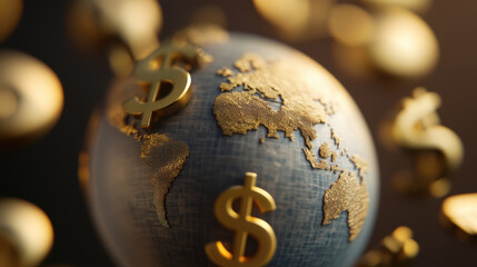 globe with golden continents and dollar symbols represents global trade and economy