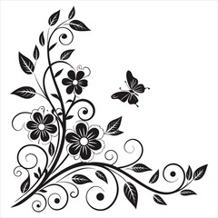 Elegant Black Floral Corner Ornament Silhouette
