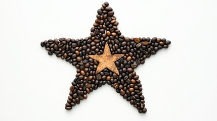 Star Shape Made of Coffee Beans with One Brown Star Center on Light Background