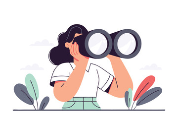 Business woman look through binoculars searching for new job or opportunity, vision or look far ahead to find future opportunity, observe or career success, human resources look for candidate concept.